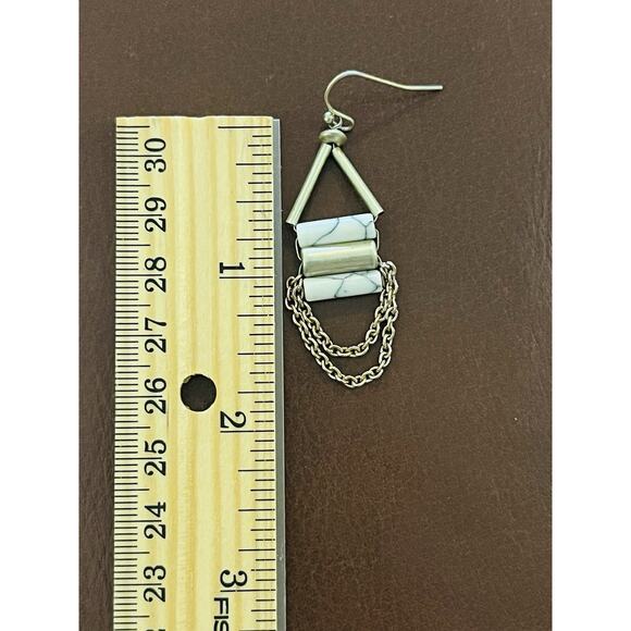 White Howlite Earrings Jewelry Triangle Chains Dangle Brass Color 3 Bars Art Dec - Picture 8 of 9